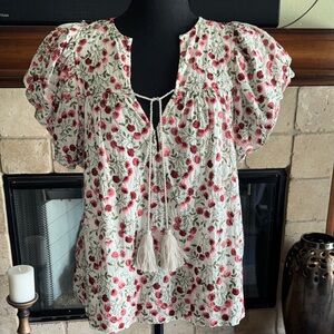 Floral Puff Sleeve Blouse - Red and White